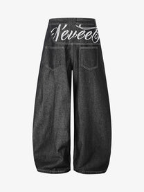 SEVEERS SCRIPT WAIST BAGGY JEANS; Black; back view