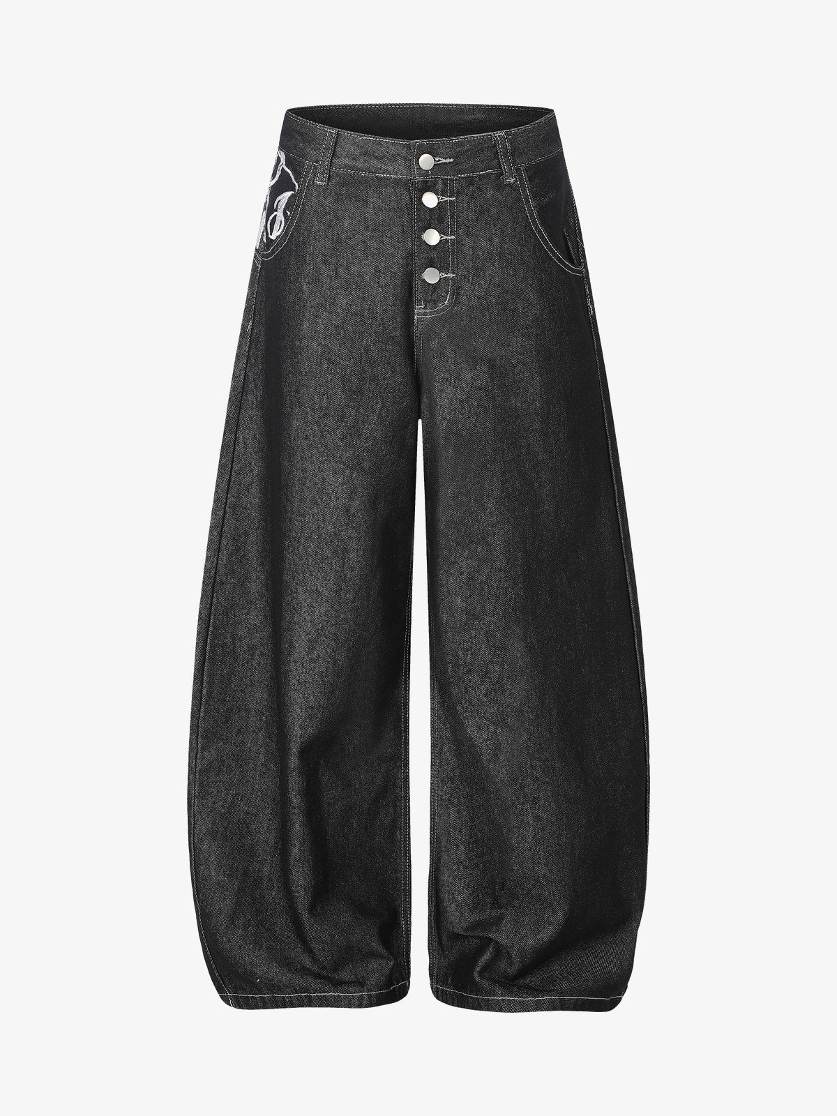 SEVEERS SCRIPT WAIST BAGGY JEANS; Black; front view