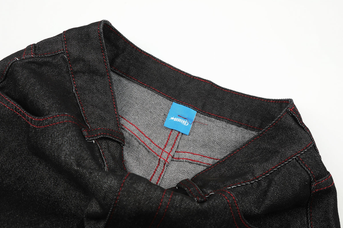 SEVEERS RED PATCH WIDE LEG JEANS; Black; garment construction detail