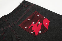 SEVEERS RED PATCH WIDE LEG JEANS; Black; design detail