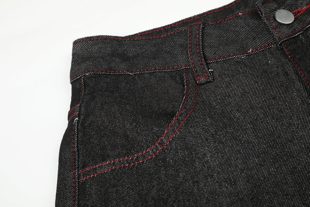 SEVEERS RED PATCH WIDE LEG JEANS; Black; garment construction detail