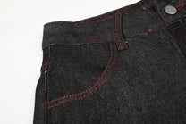 SEVEERS RED PATCH WIDE LEG JEANS; Black; garment construction detail
