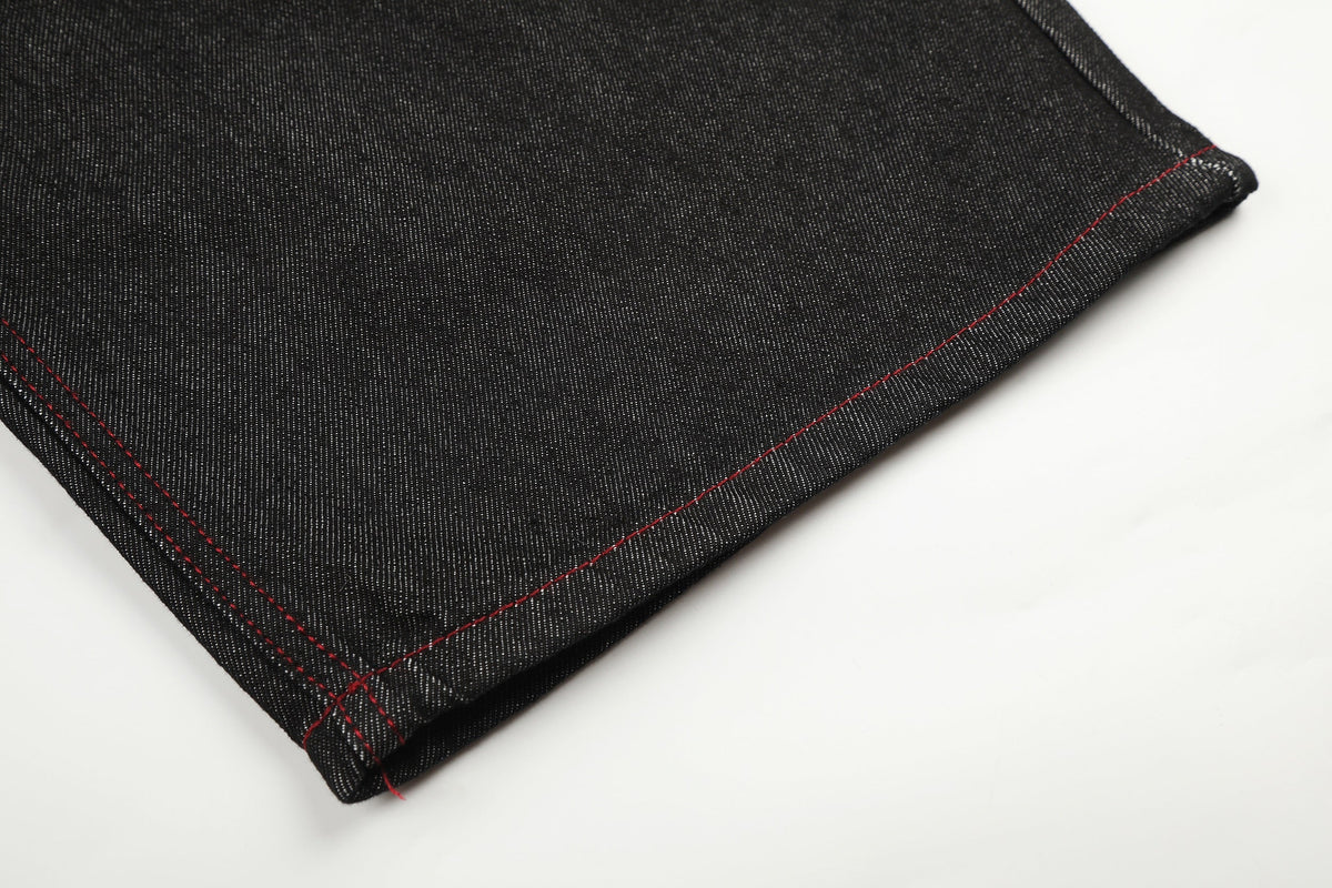 SEVEERS RED PATCH WIDE LEG JEANS; Black; garment construction detail