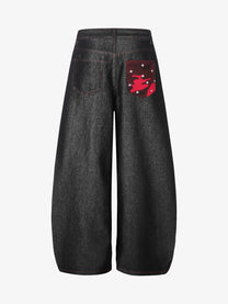 SEVEERS RED PATCH WIDE LEG JEANS; Black; back view