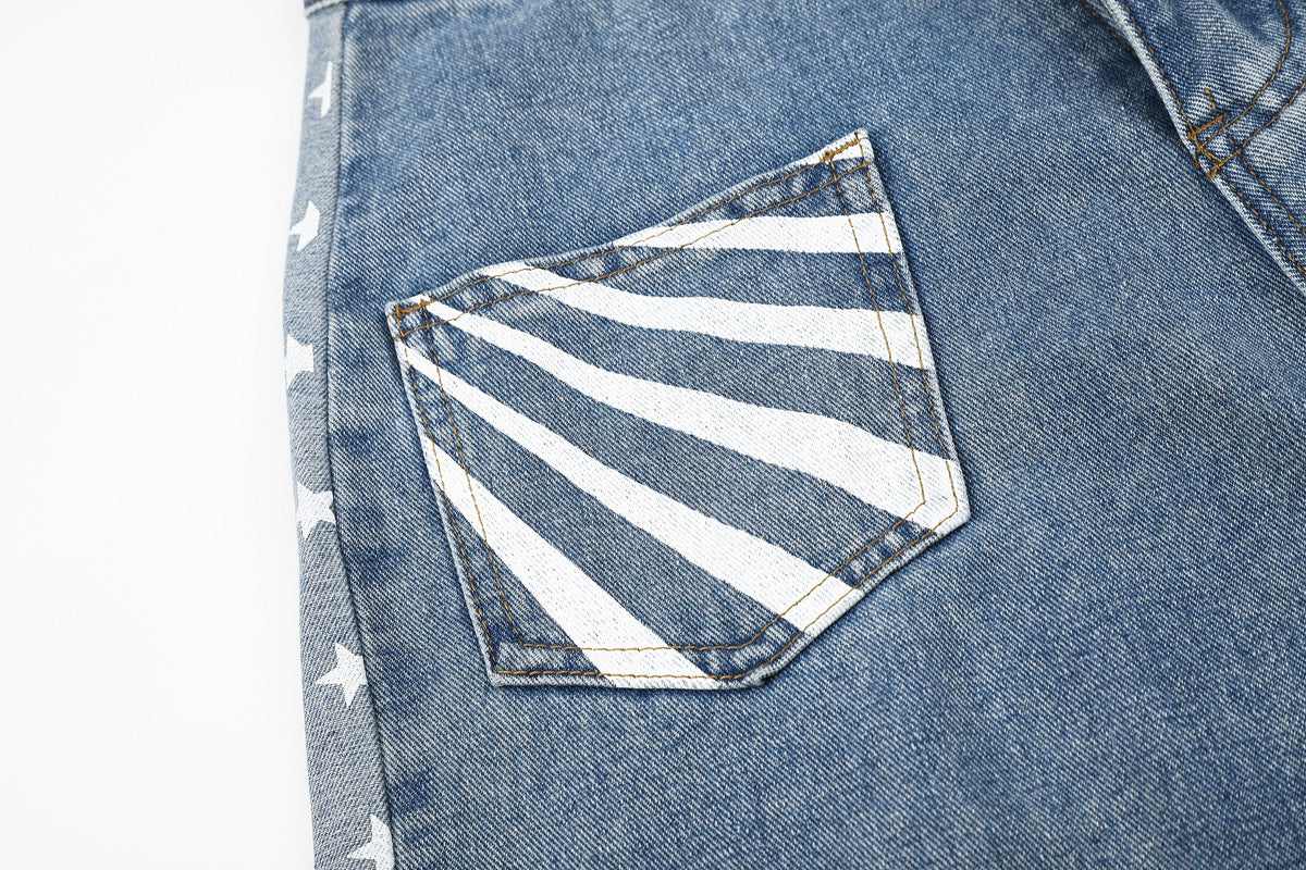 SEVEERS STAR PANEL WIDE LEG JEANS; Vintage Blue; design detail