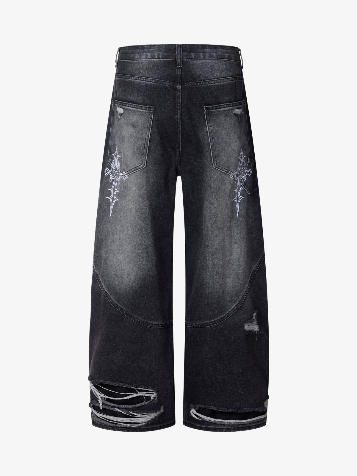 SMK MADE SLASH DISTRESSED WIDE LEG JEANS; Black; back view