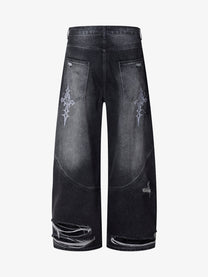 SMK MADE SLASH DISTRESSED WIDE LEG JEANS; Black; back view
