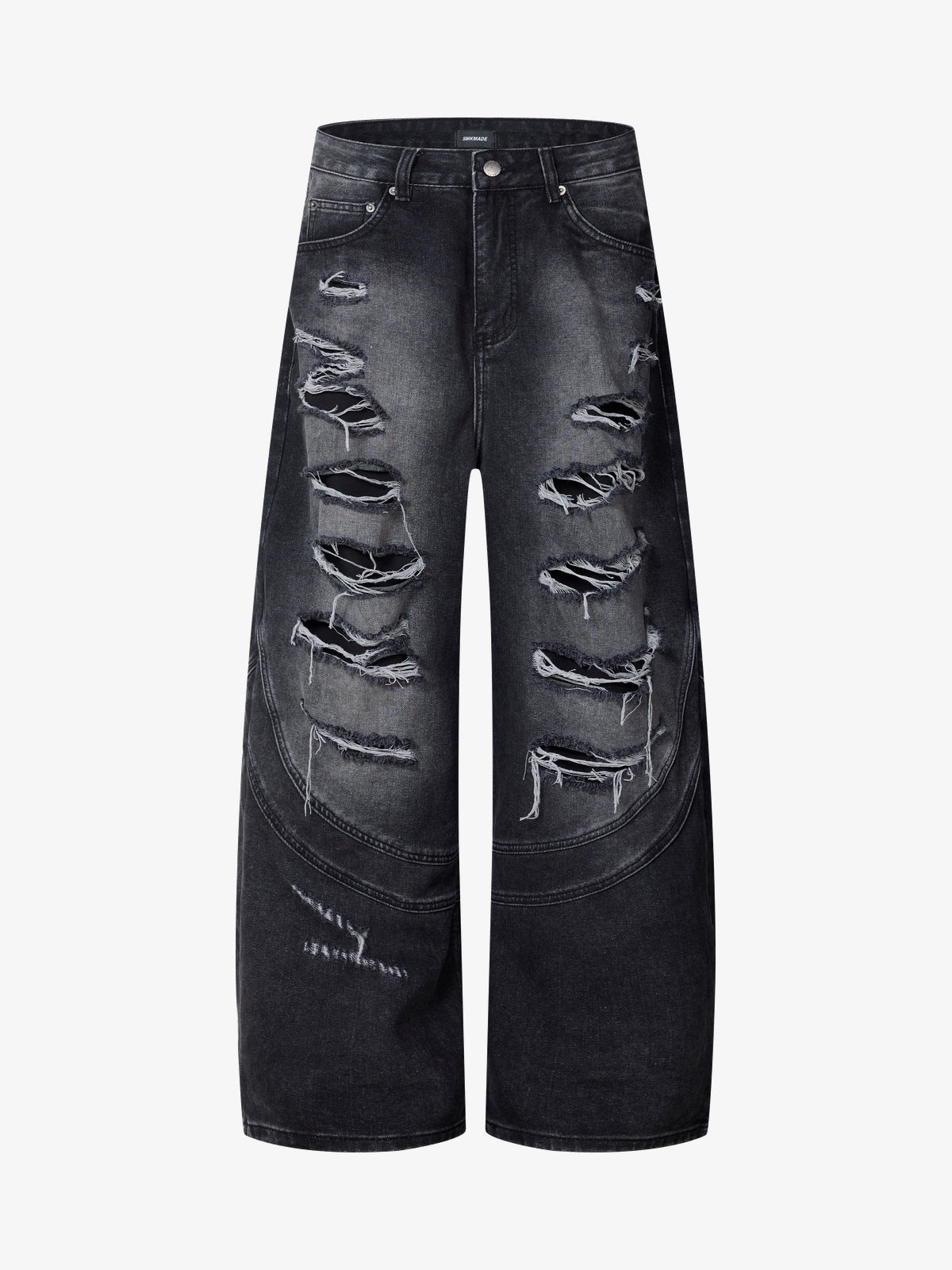 SMK MADE SLASH DISTRESSED WIDE LEG JEANS; Black; front view
