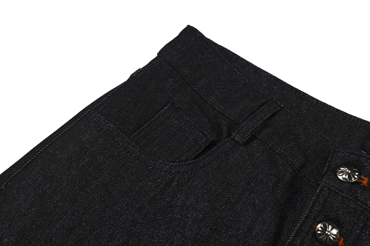 SMK MADE BUTTON FLAP WIDE LEG JEANS; Raw Black; garment construction detail