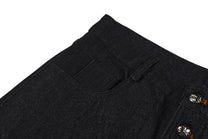SMK MADE BUTTON FLAP WIDE LEG JEANS; Raw Black; garment construction detail