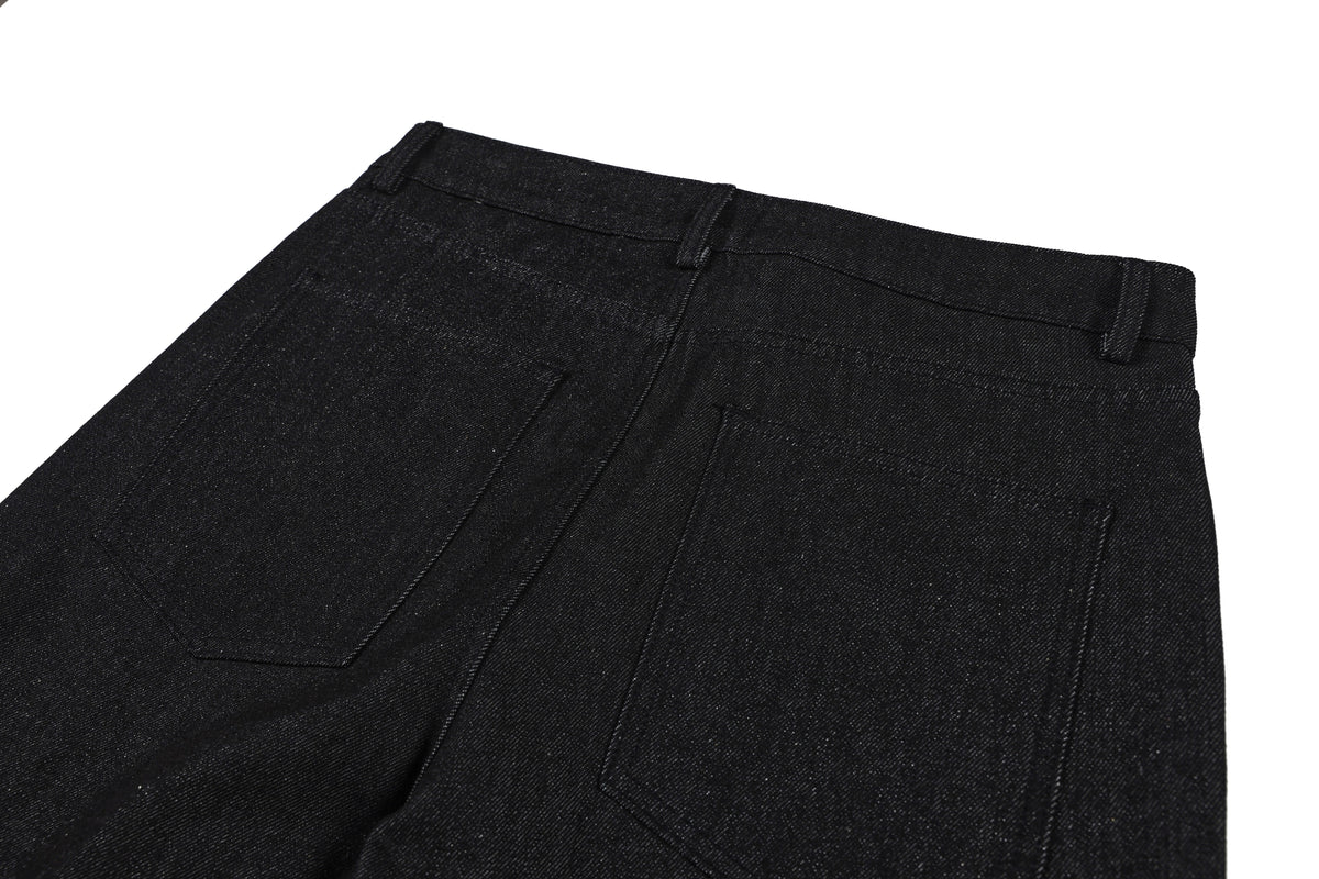 SMK MADE BUTTON FLAP WIDE LEG JEANS; Raw Black; garment construction detail