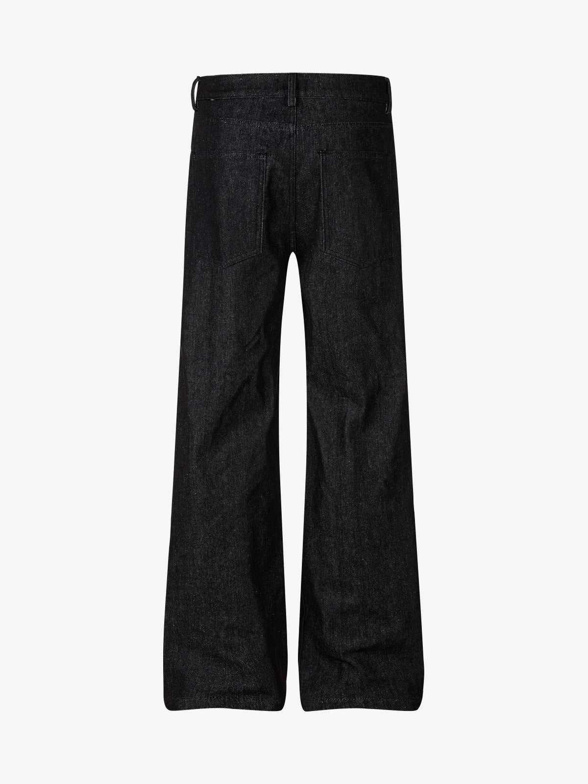 SMK MADE BUTTON FLAP WIDE LEG JEANS; Raw Black; back view