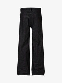 SMK MADE BUTTON FLAP WIDE LEG JEANS; Raw Black; back view
