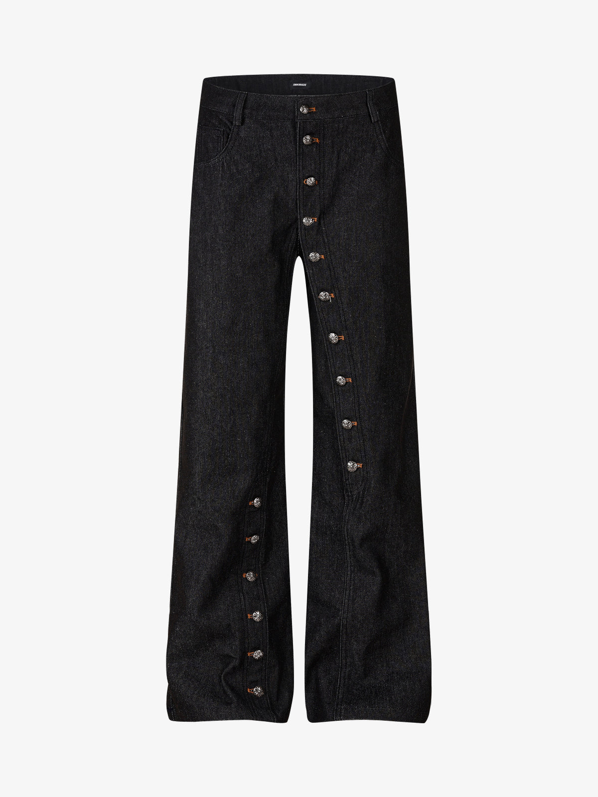 SMK MADE BUTTON FLAP WIDE LEG JEANS; Raw Black; front view