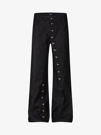 SMK MADE BUTTON FLAP WIDE LEG JEANS; Raw Black; front view