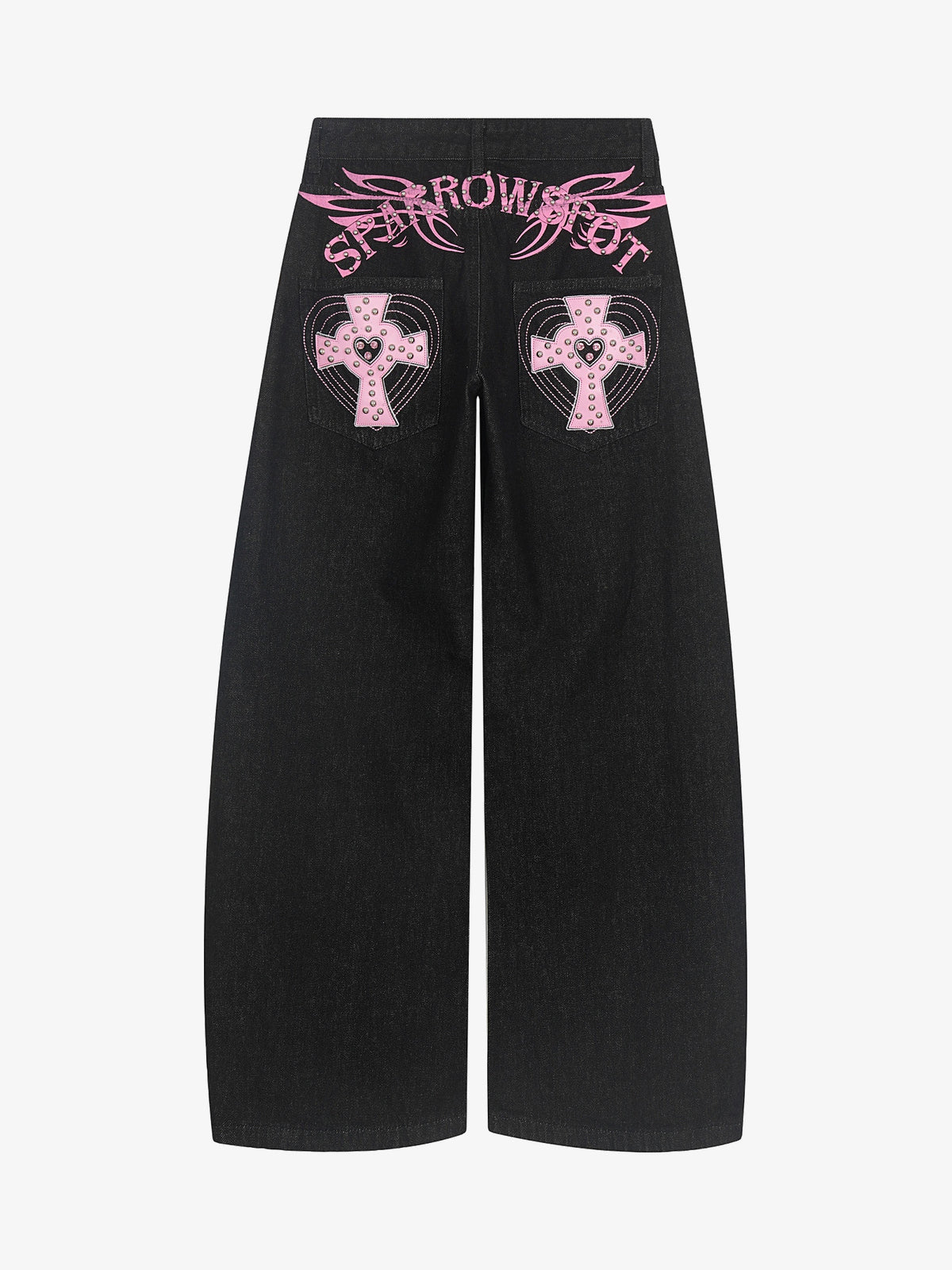 SPARROW SPOT CROSS GRAPHIC WIDE LEG JEANS; Black; back view