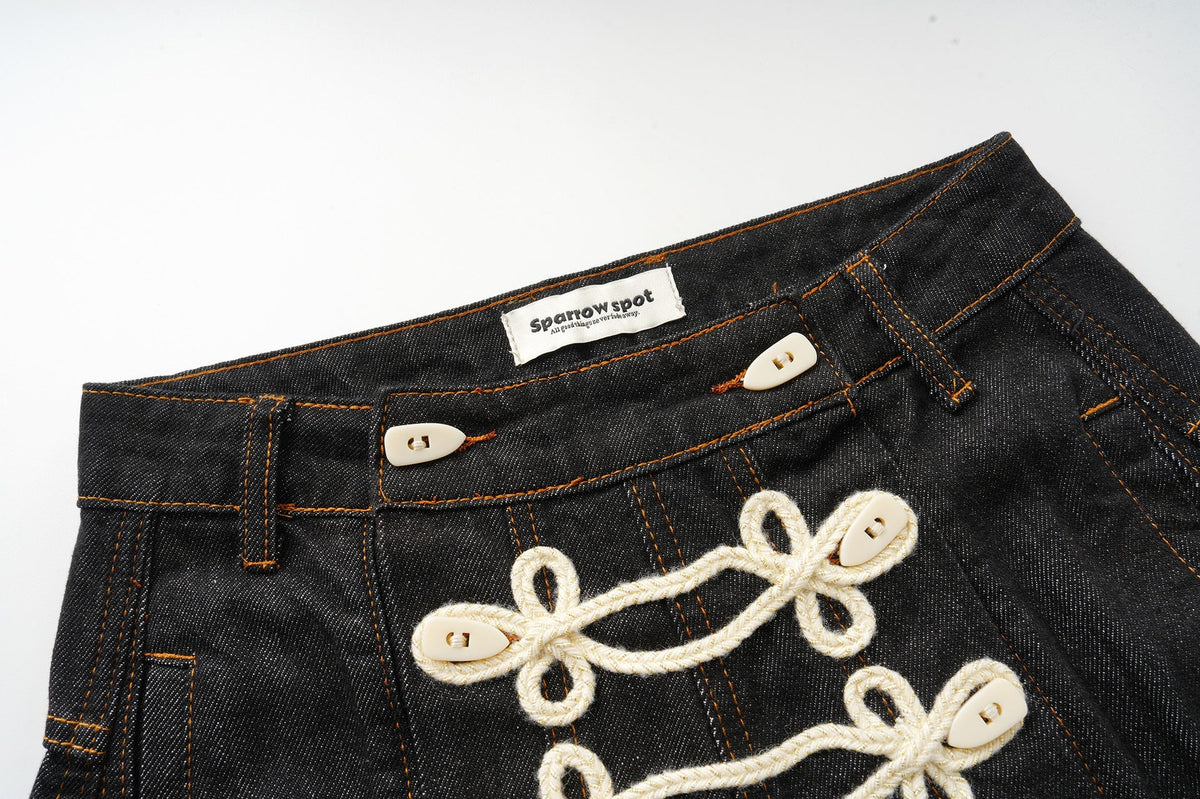 SPARROW SPOT BRAIDED CORD FRONT JEANS; Black; design detail