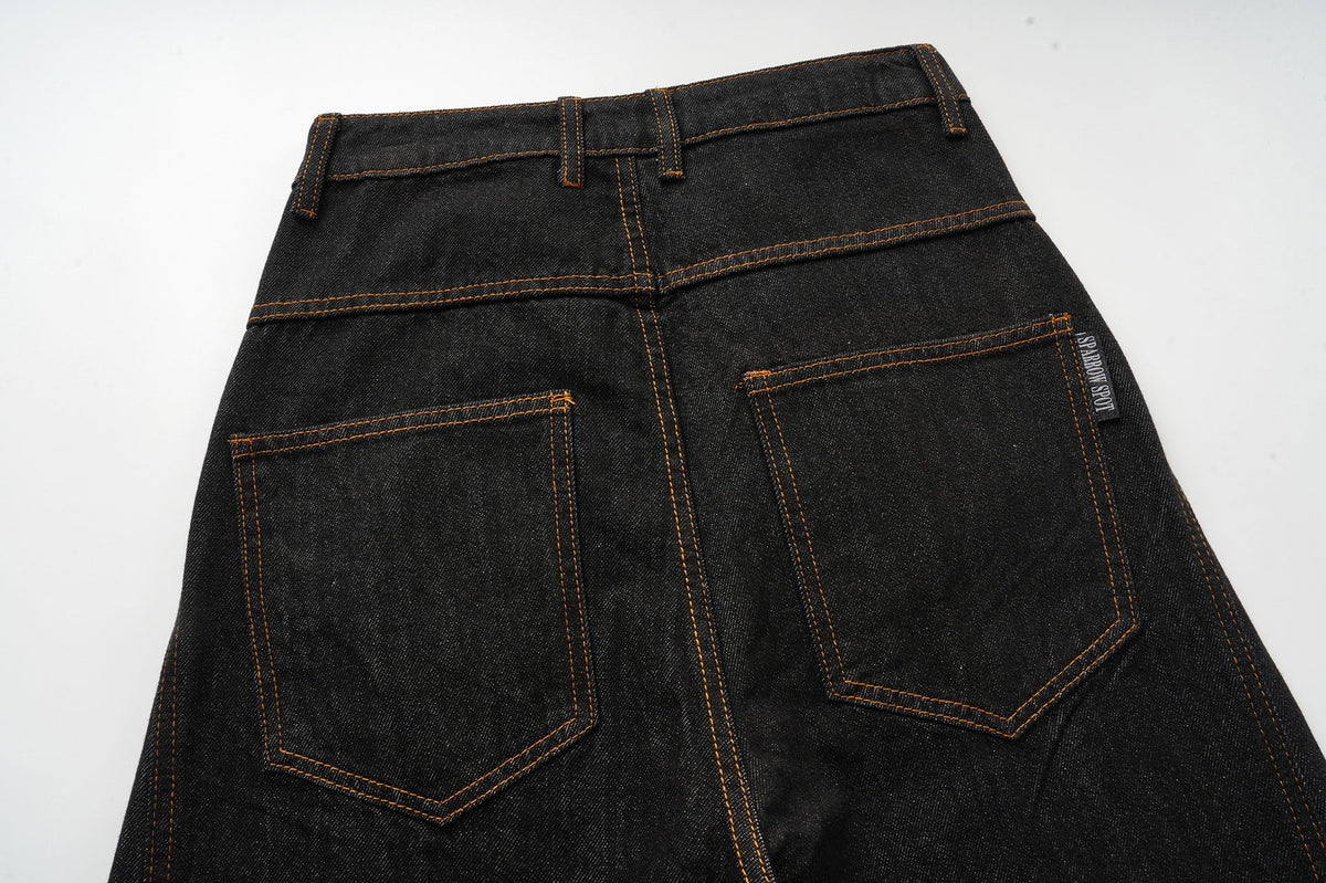 SPARROW SPOT BRAIDED CORD FRONT JEANS; Black; garment construction detail