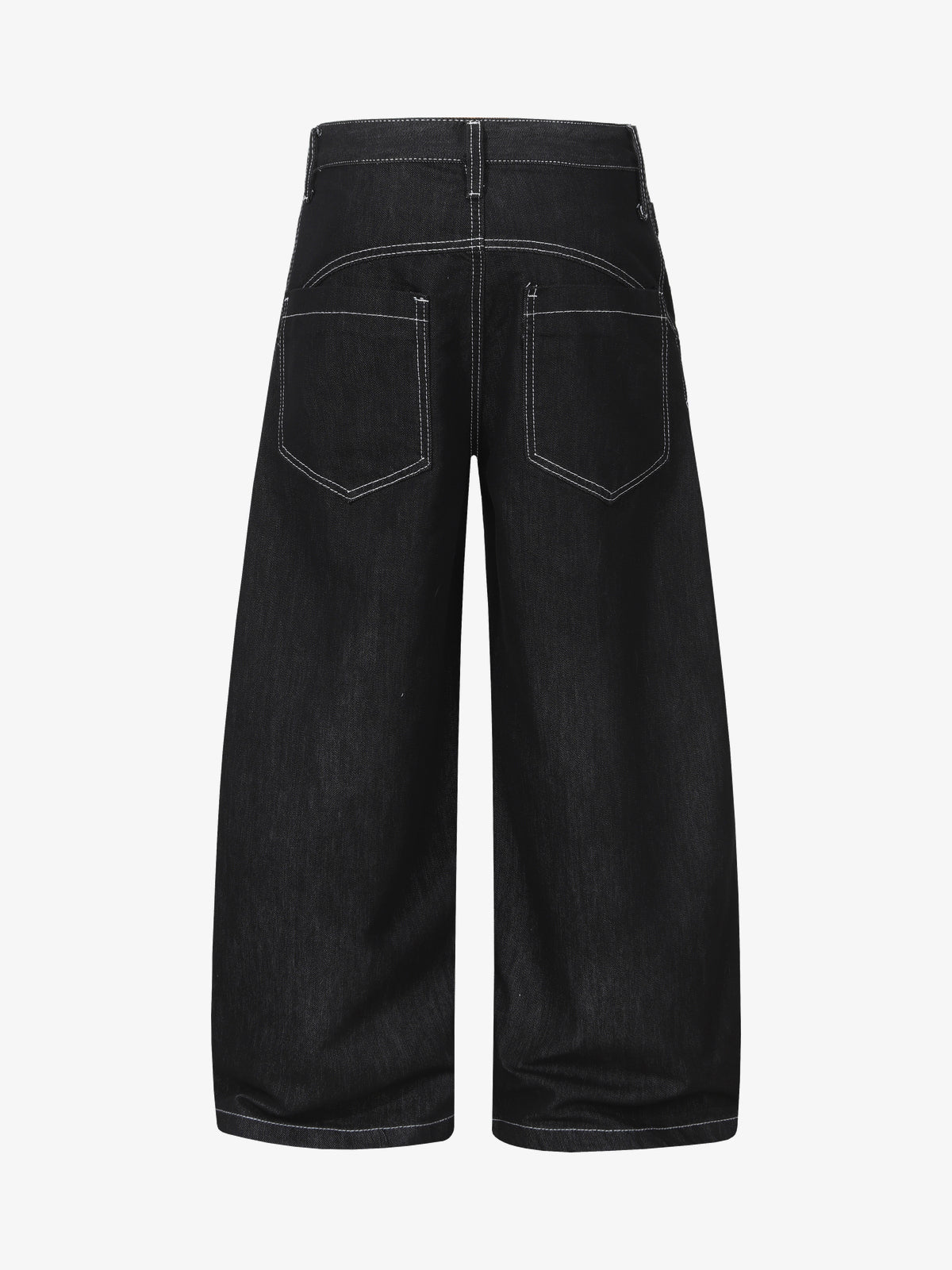 UNF BUTTON RAW BAGGY BARREL JEANS; Black; back view