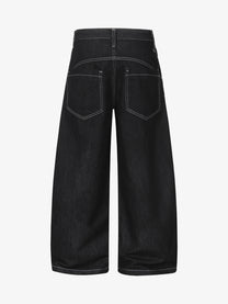 UNF BUTTON RAW BAGGY BARREL JEANS; Black; back view