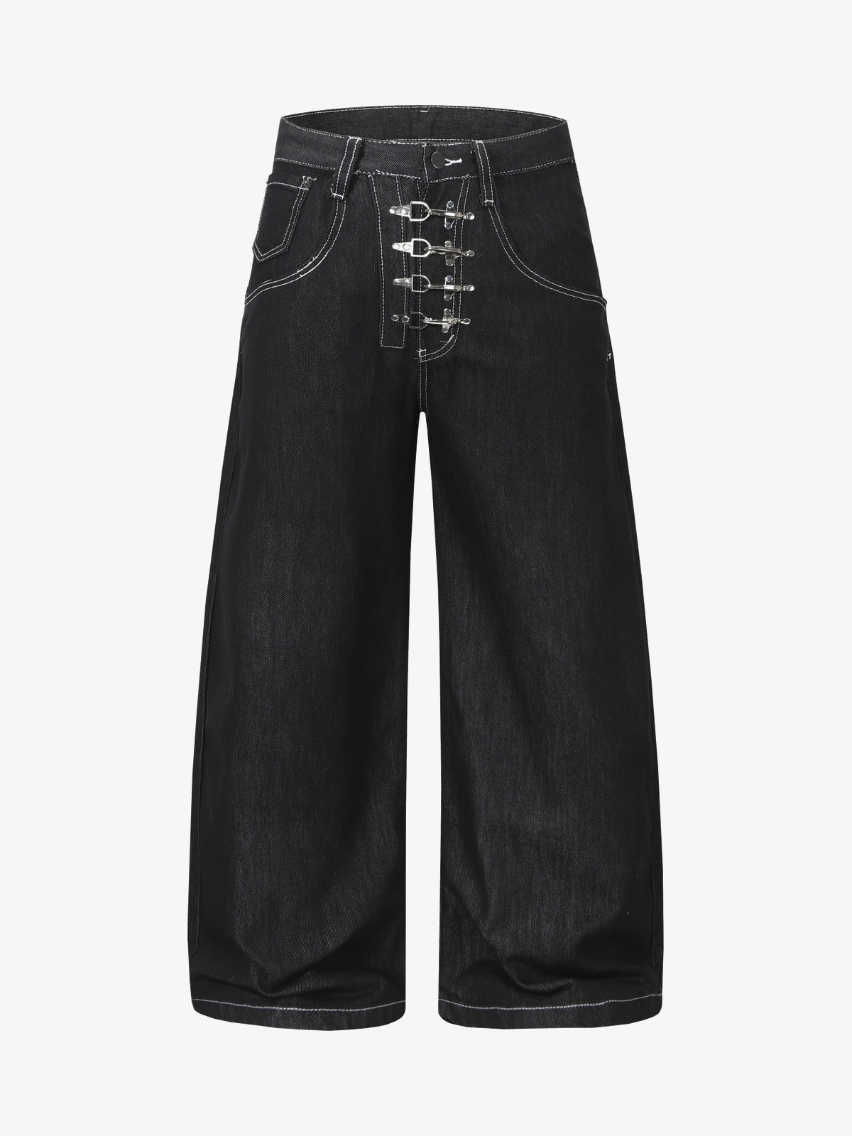 UNF BUTTON RAW BAGGY BARREL JEANS; Black; front view
