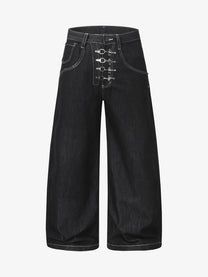 UNF BUTTON RAW BAGGY BARREL JEANS; Black; front view