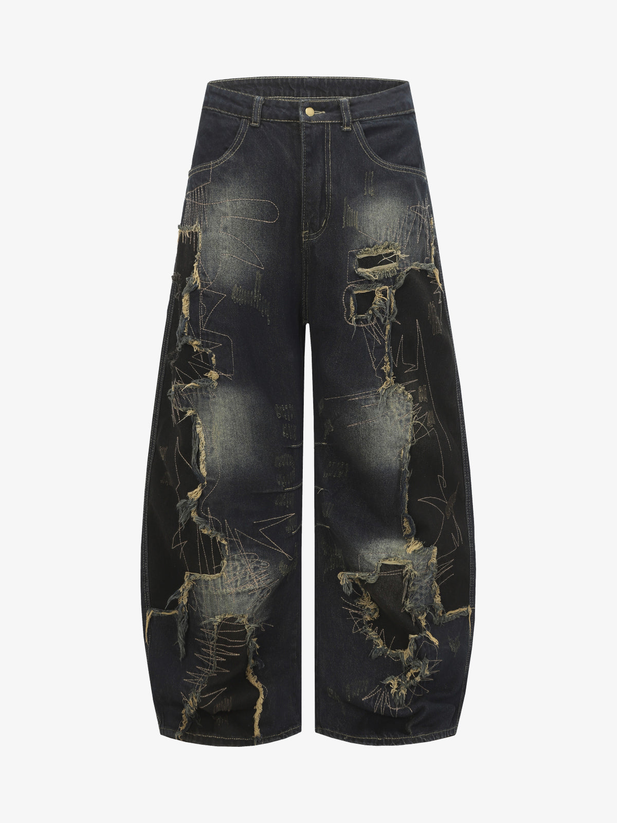 UNF DISTRESSED PATCH WASHED JEANS; Washed Black; front view