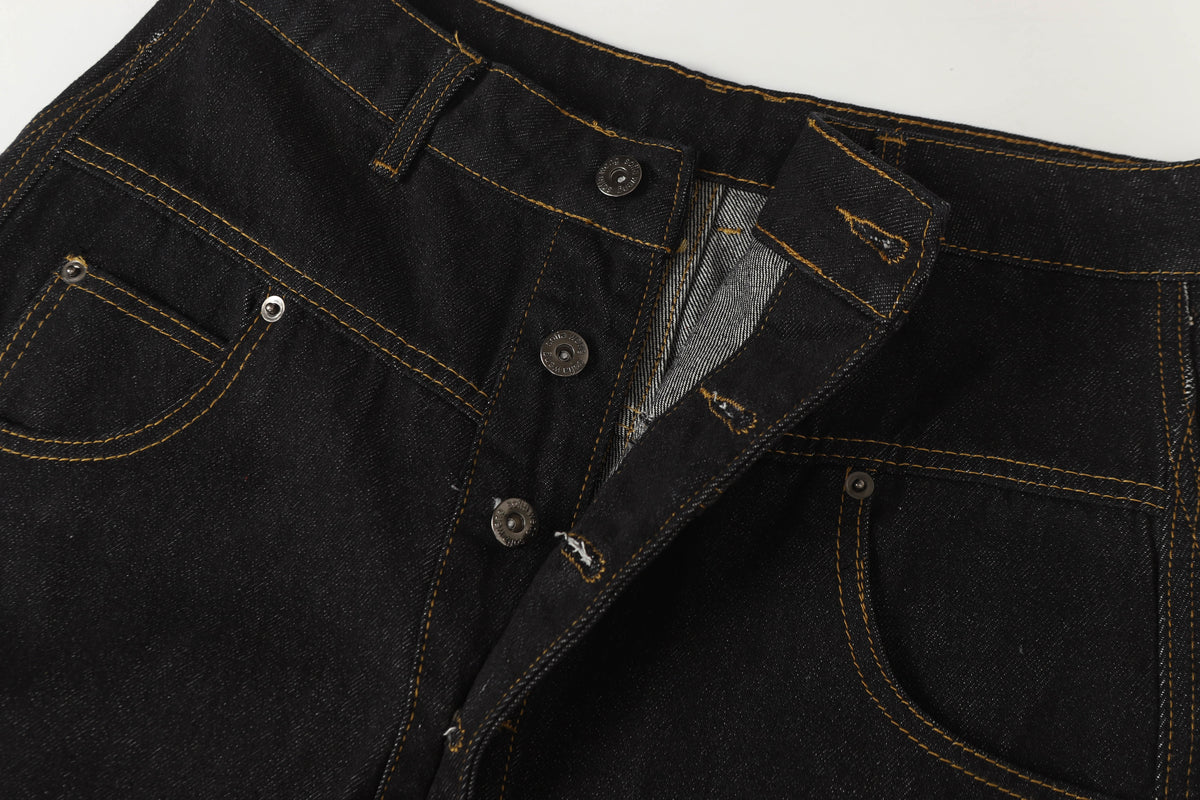UNF ASYMMETRIC BUTTON PANEL JEANS; Black; garment construction detail