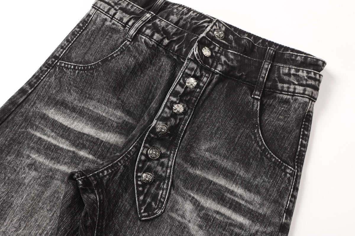 UNF DISTRESSED CROSS PANEL FLARED JEANS; Washed Black; garment construction detail