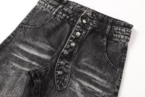 UNF DISTRESSED CROSS PANEL FLARED JEANS; Washed Black; garment construction detail