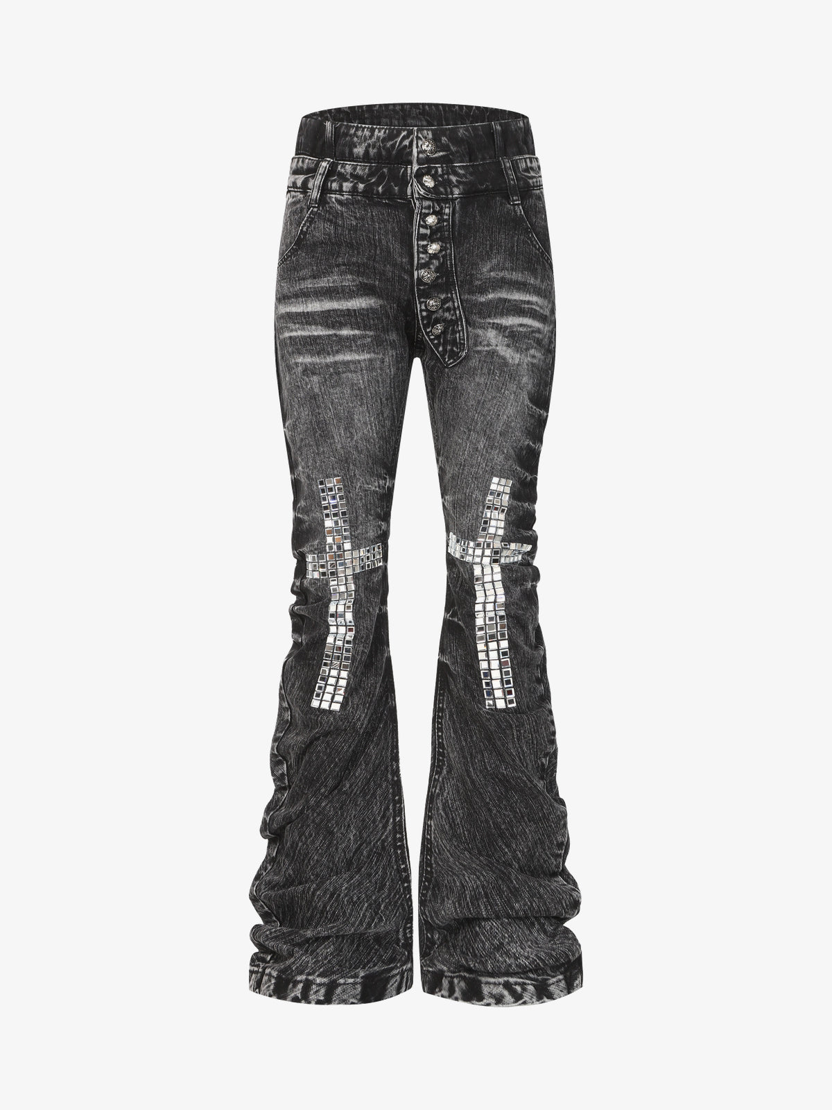 UNF DISTRESSED CROSS PANEL FLARED JEANS; Washed Black; front view