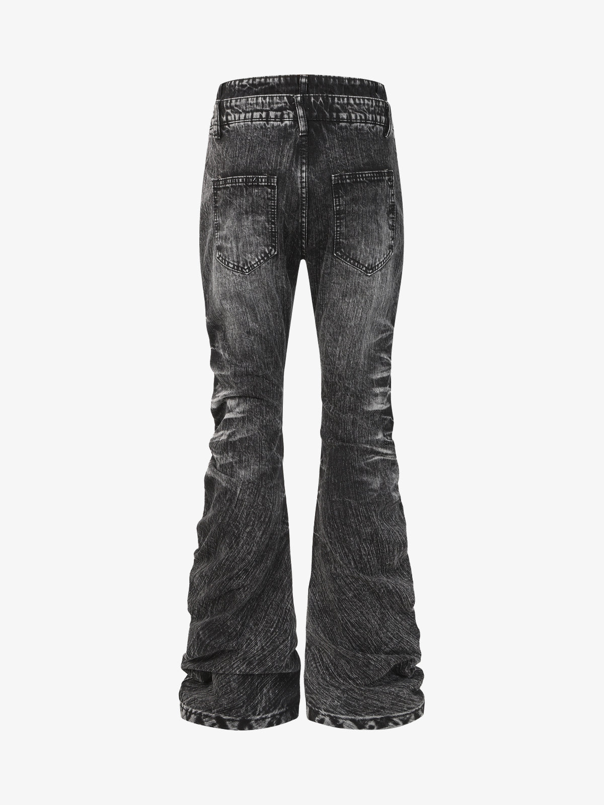 UNF DISTRESSED CROSS PANEL FLARED JEANS; Washed Black; back view