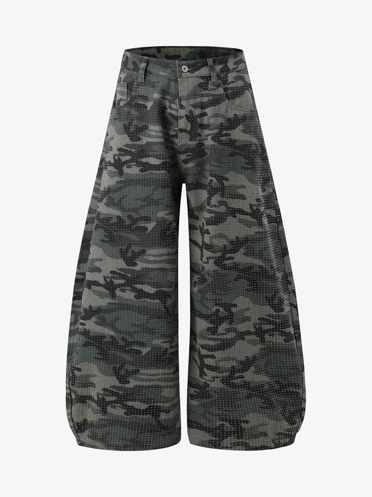 VLEX OFFICIAL RHINESTONE CAMO BAGGY BARREL JEANS; Camo; front view