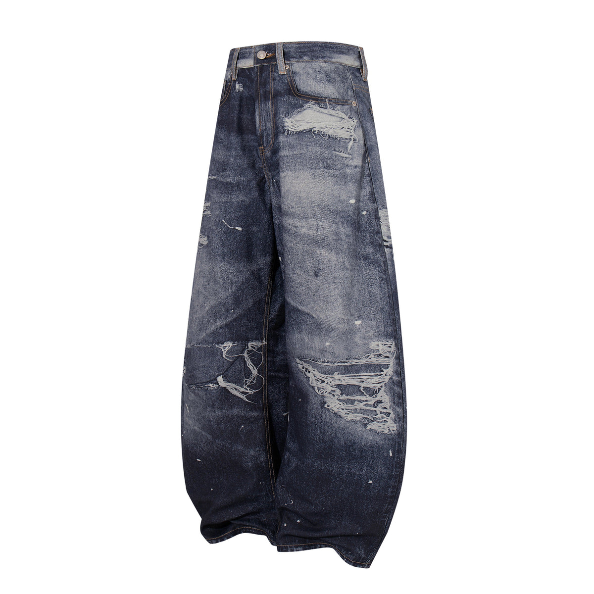 YL BOILING PATCHED WASHED WIDE LEG JEANS; Blue; front view in a styled setting