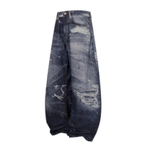 YL BOILING PATCHED WASHED WIDE LEG JEANS; Blue; front view in a styled setting