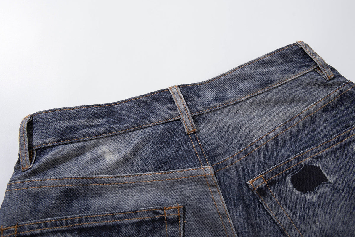 YL BOILING PATCHED WASHED WIDE LEG JEANS; Blue; garment construction detail