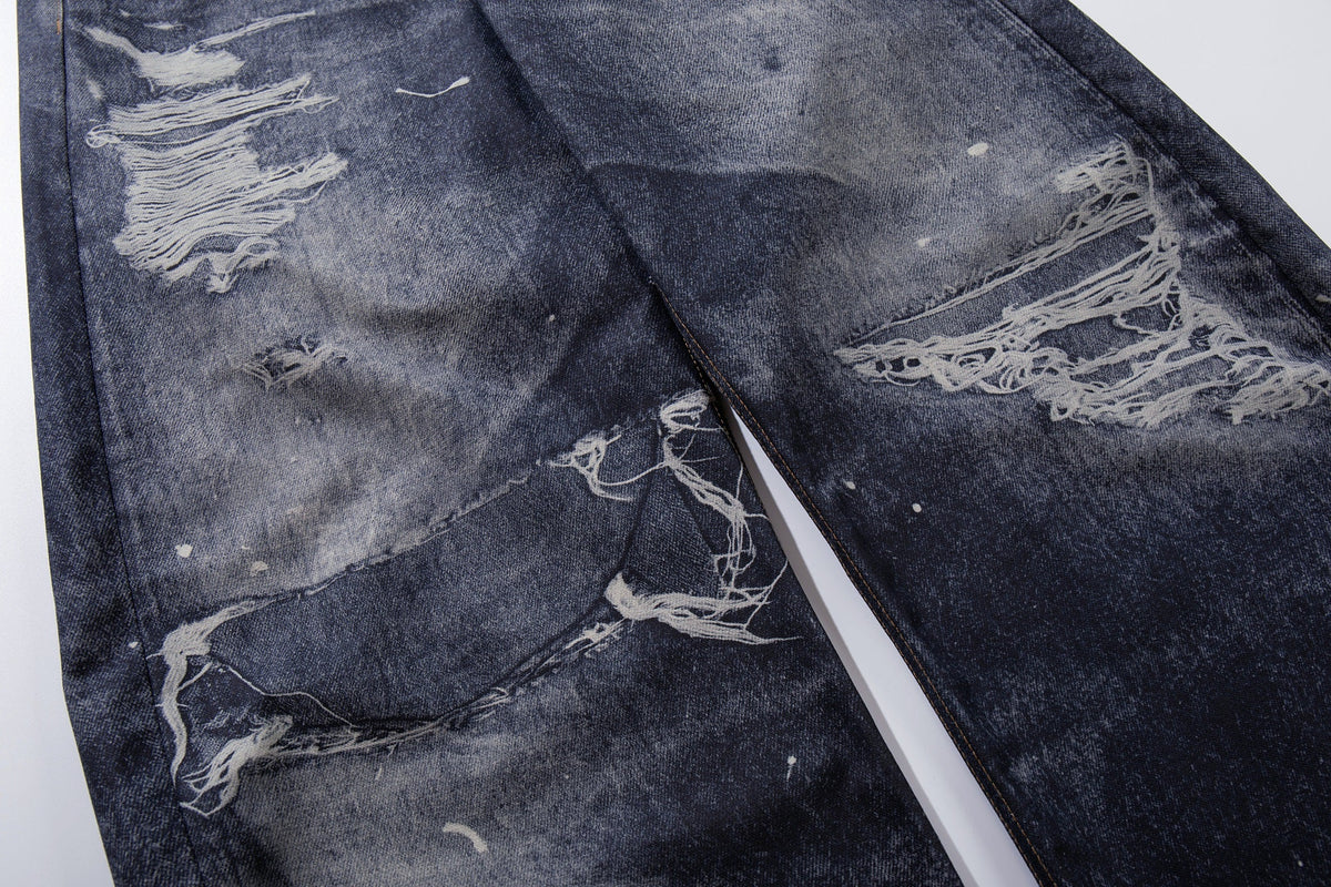 YL BOILING PATCHED WASHED WIDE LEG JEANS; Blue; design detail