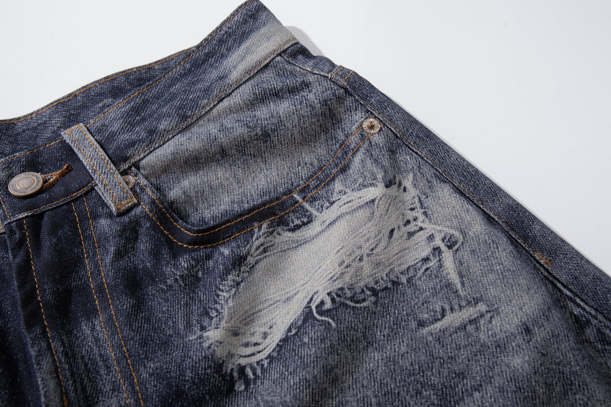 YL BOILING PATCHED WASHED WIDE LEG JEANS; Blue; design detail