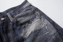 YL BOILING PATCHED WASHED WIDE LEG JEANS; Blue; design detail