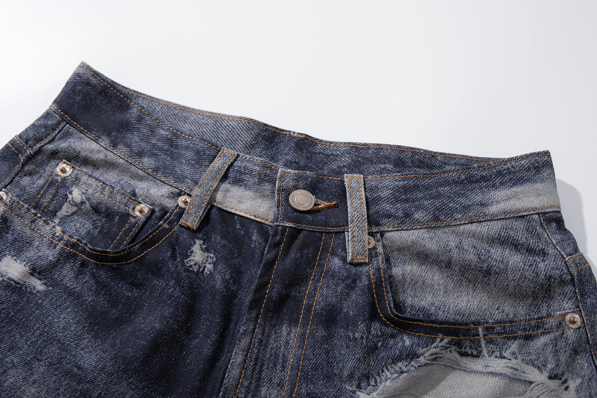 YL BOILING PATCHED WASHED WIDE LEG JEANS; Blue; garment construction detail