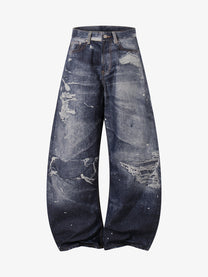 YL BOILING PATCHED WASHED WIDE LEG JEANS; Blue; front view