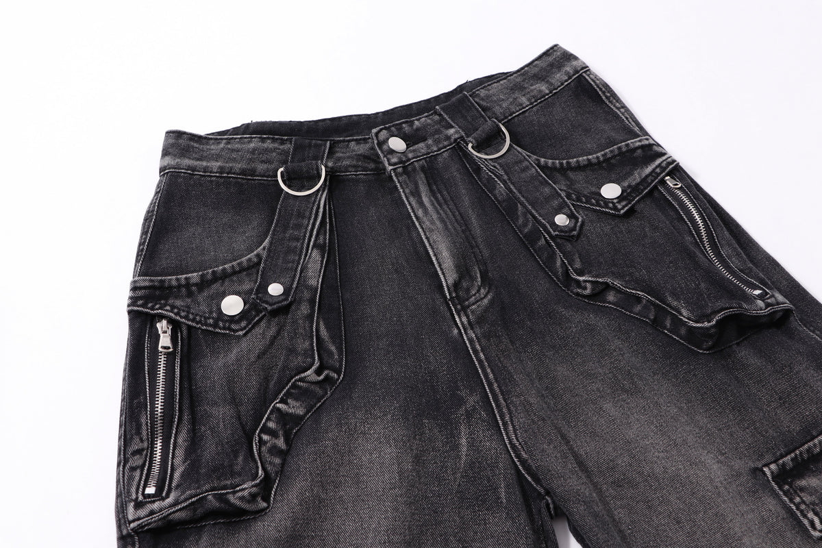 ZHANLAI DISTRESSED CARGO FLARED JEANS; Black; garment construction detail