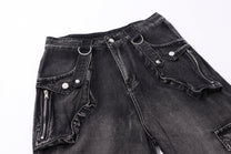 ZHANLAI DISTRESSED CARGO FLARED JEANS; Black; garment construction detail