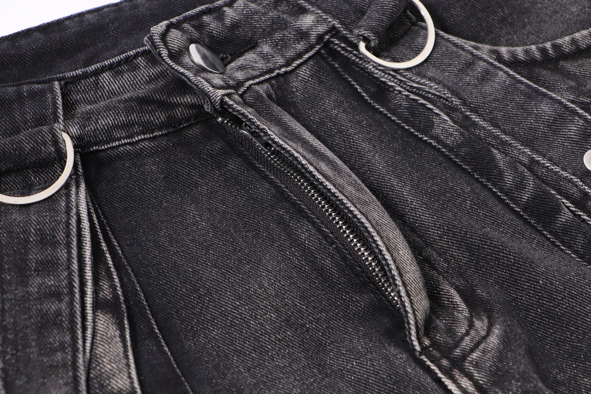 ZHANLAI DISTRESSED CARGO FLARED JEANS; Black; garment construction detail