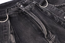 ZHANLAI DISTRESSED CARGO FLARED JEANS; Black; garment construction detail