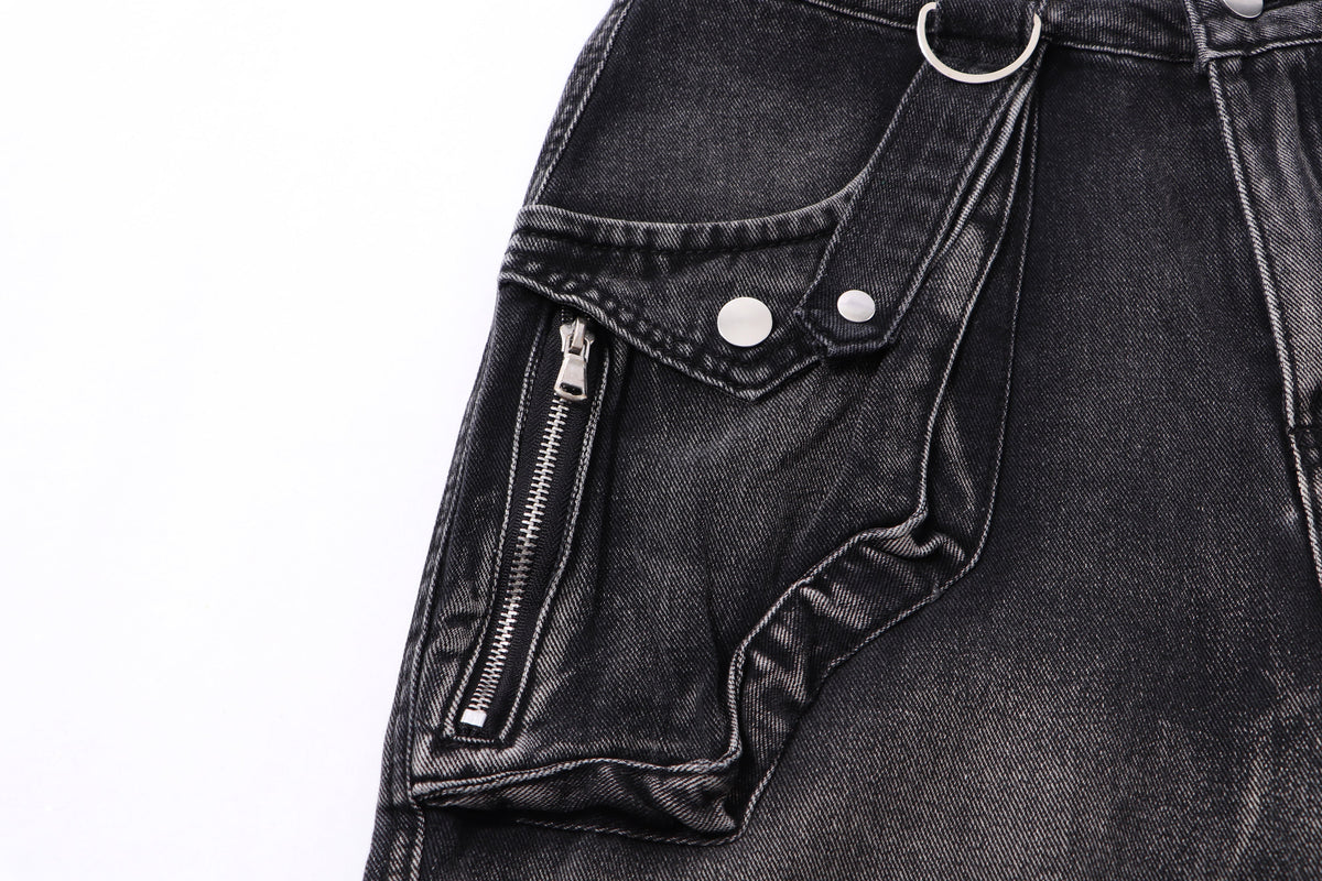 ZHANLAI DISTRESSED CARGO FLARED JEANS; Black; garment construction detail
