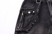ZHANLAI DISTRESSED CARGO FLARED JEANS; Black; garment construction detail