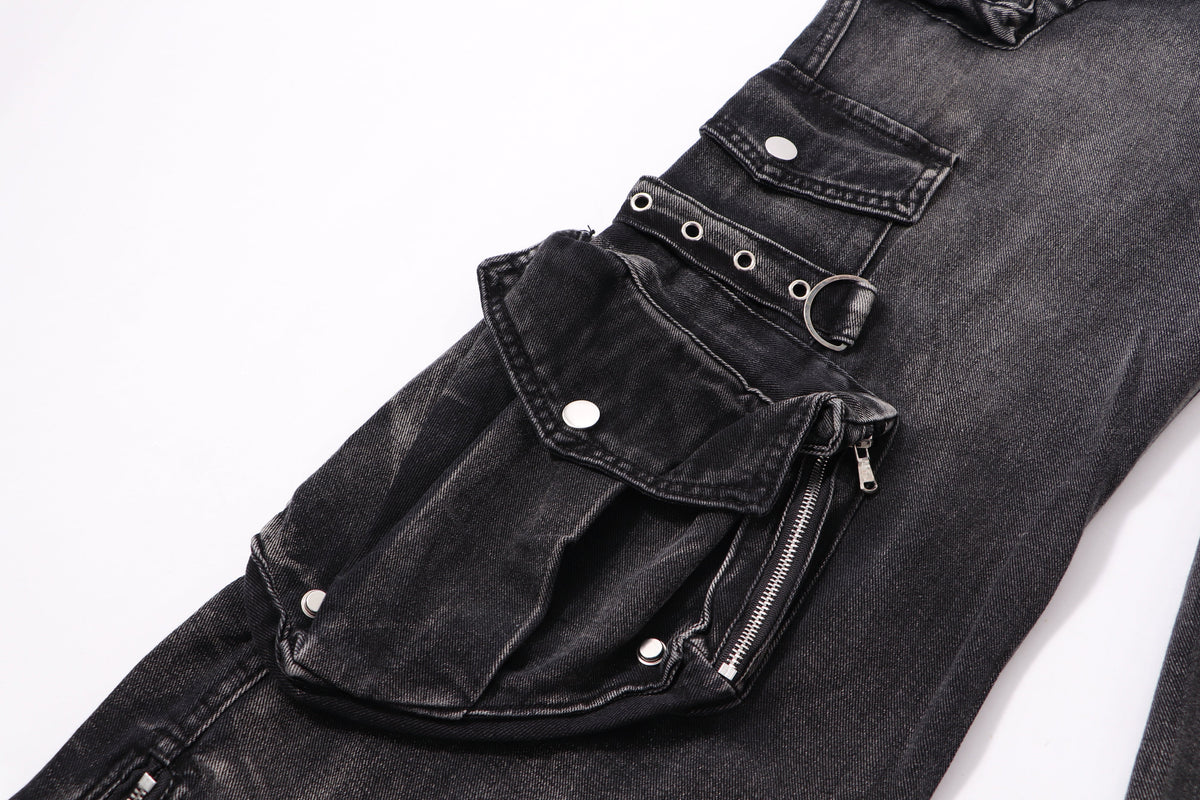 ZHANLAI DISTRESSED CARGO FLARED JEANS; Black; garment construction detail