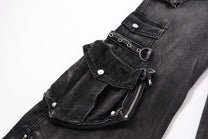 ZHANLAI DISTRESSED CARGO FLARED JEANS; Black; garment construction detail