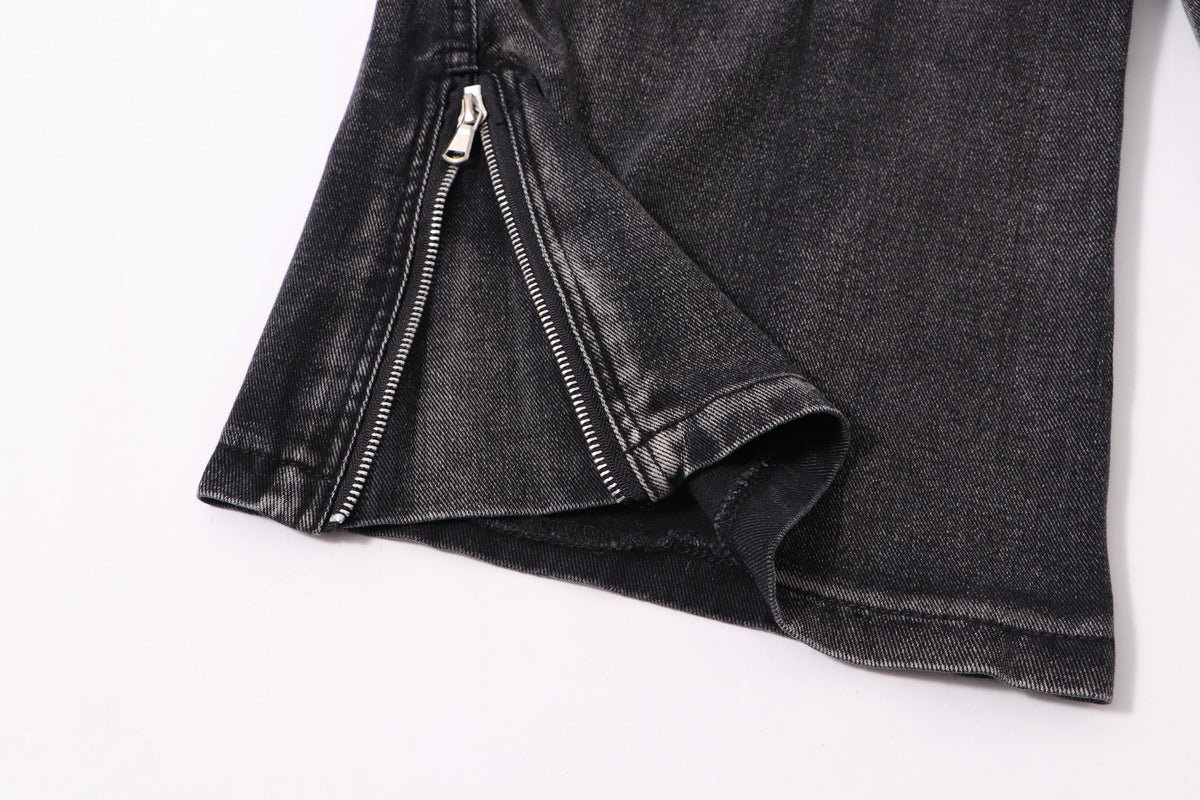 ZHANLAI DISTRESSED CARGO FLARED JEANS; Black; garment construction detail